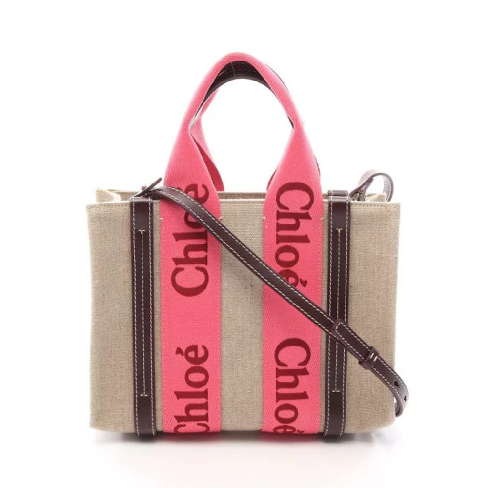Chloe Woody Tote Bag Canvas Leather Beige Cream Pink Brown